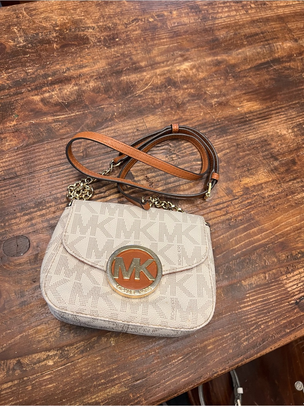 Michael Kors White Crossbody with Tan Leather Strap and Gold MK Logo